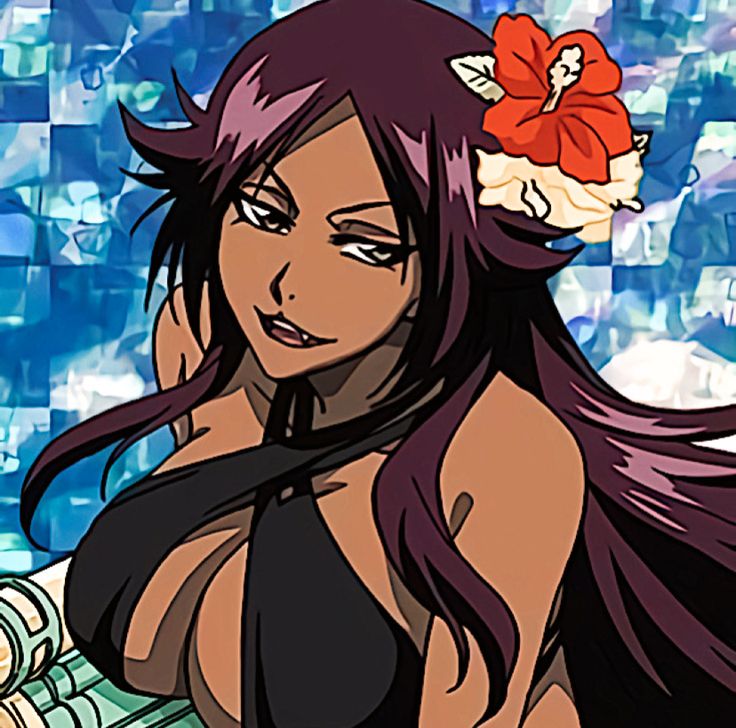 a woman with long dark hair wearing a flower in her hair and sitting on a surfboard