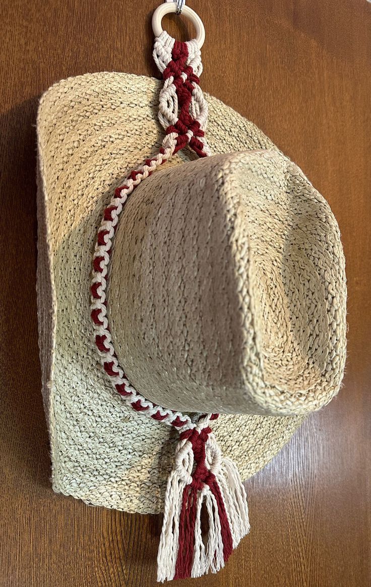 "Introducing the perfect addition to your home décor - the macrame hat holder! Not only is it a stylish and unique piece of art, but it also serves as a functional way to store and display your favorite hats. This hat holder is expertly crafted using a variety of knotting techniques to create a beautiful, intricate design. From a beach hat, cowboy hat, or fedora this hat holder is flexible to fit any brimmed hat. With its versatile style, this macrame hat holder is the perfect addition to any room in your home, from your bedroom to your living room or even your entryway. And with its easy-to-hang design, you can quickly and easily install it on any wall or surface. Whether you're looking for a way to organize your hat collection or just want to add a touch of bohemian charm to your home, t Casual Braided Hat For Festivals, Casual Braided Festival Hat, Adjustable Braided Fedora, Adjustable Woven Hats, Adjustable Beige Woven Hat Bands, Adjustable Woven Hats One Size, Adjustable Beach Fedora One Size, Adjustable Woven Fedora For Festivals, Adjustable One Size Fedora For Beach