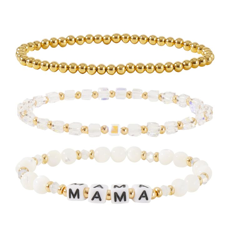 PRICES MAY VARY. 【Gold Crystal Bracelets Set】mama bracelet is a stunning addition to any woman's jewelry collection. dainty gold beaded bracelet is delicately adorned with sparkling crystals and natural stone beads, creating a luxurious and sophisticated look. This beaded bracelets set comes with three separate pieces that can be worn together or separately, making it versatile and perfect for any occasion 【Hypoallergenic】14k REAL gold plated, we make our bracelets lead-free, nickel-free to prot White Beaded Jewelry For Mother's Day, Mother's Day White Beaded Jewelry, Adjustable White Name Bracelet With Gold Beads, Adjustable Gold Stretch Bracelet For Mother's Day, Elegant Adjustable Bracelets With Letter Beads, Gold Crystal Bracelet For Mother's Day, White Beaded Bracelet For Mother's Day, Hand-strung Round Beads Jewelry For Mother's Day, Gold Stackable Beaded Bracelets For Mother's Day