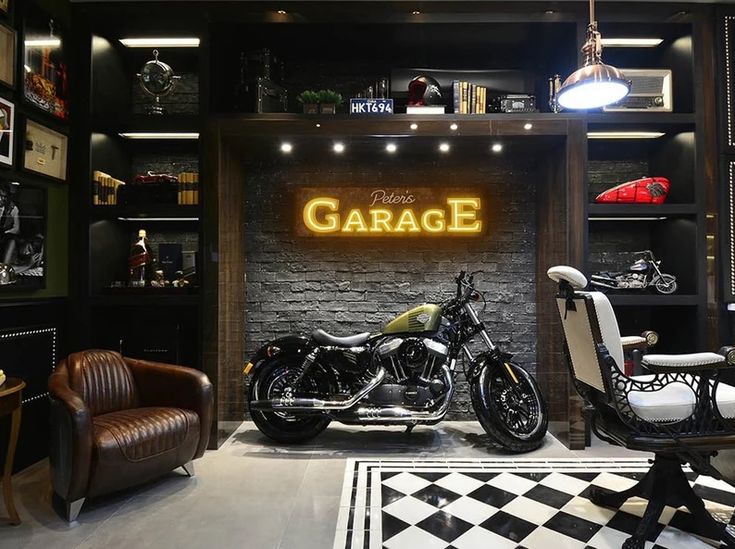 a motorcycle parked in front of a garage sign