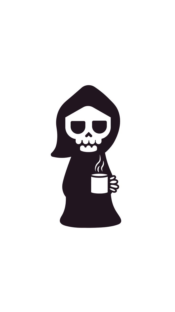 a skeleton with a cup of coffee in its hand and wearing a hooded outfit, holding a