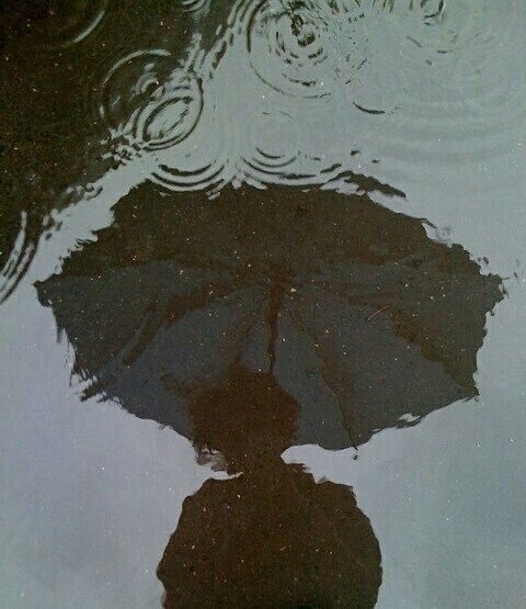 an umbrella reflecting in the water on a rainy day