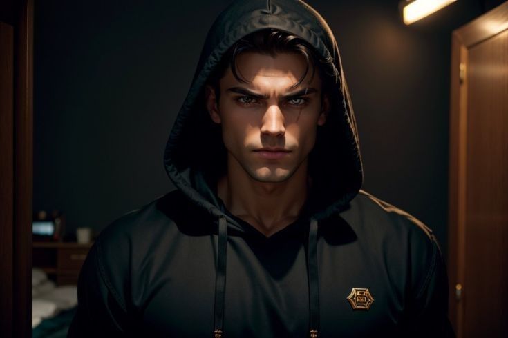 a young man wearing a hoodie looking at the camera in a dimly lit room