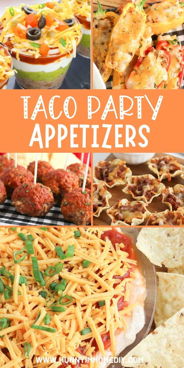 a collage of taco party appetizers including meatballs, cheese and tortilla chips