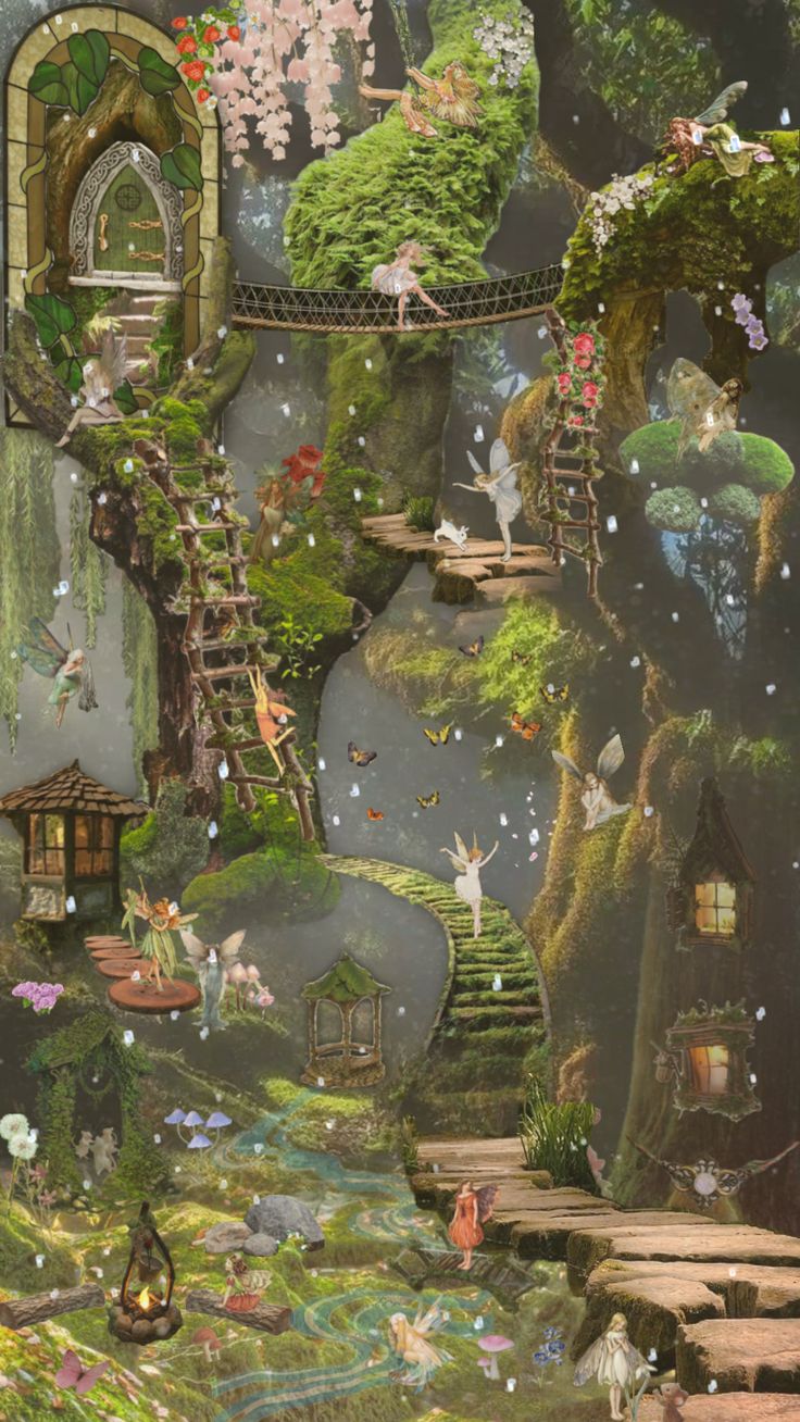 an image of a fairy land with stairs and trees