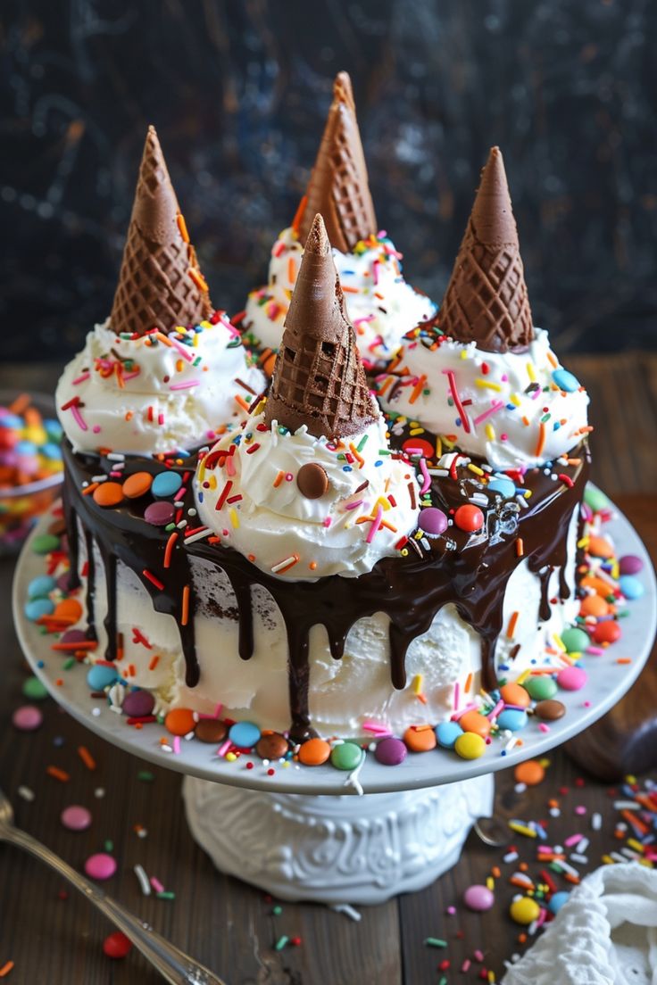 an ice cream cake with chocolate and sprinkles