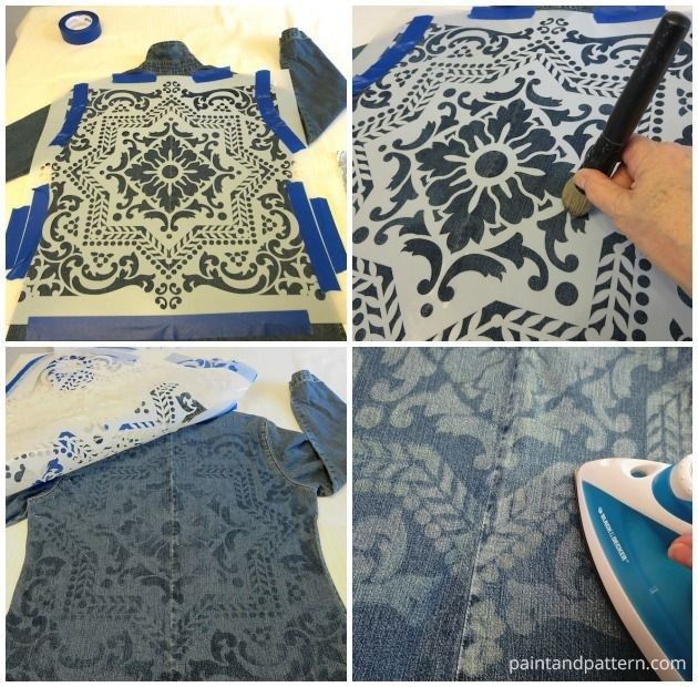 the process to make a blue and white damask style dress with an ironing board