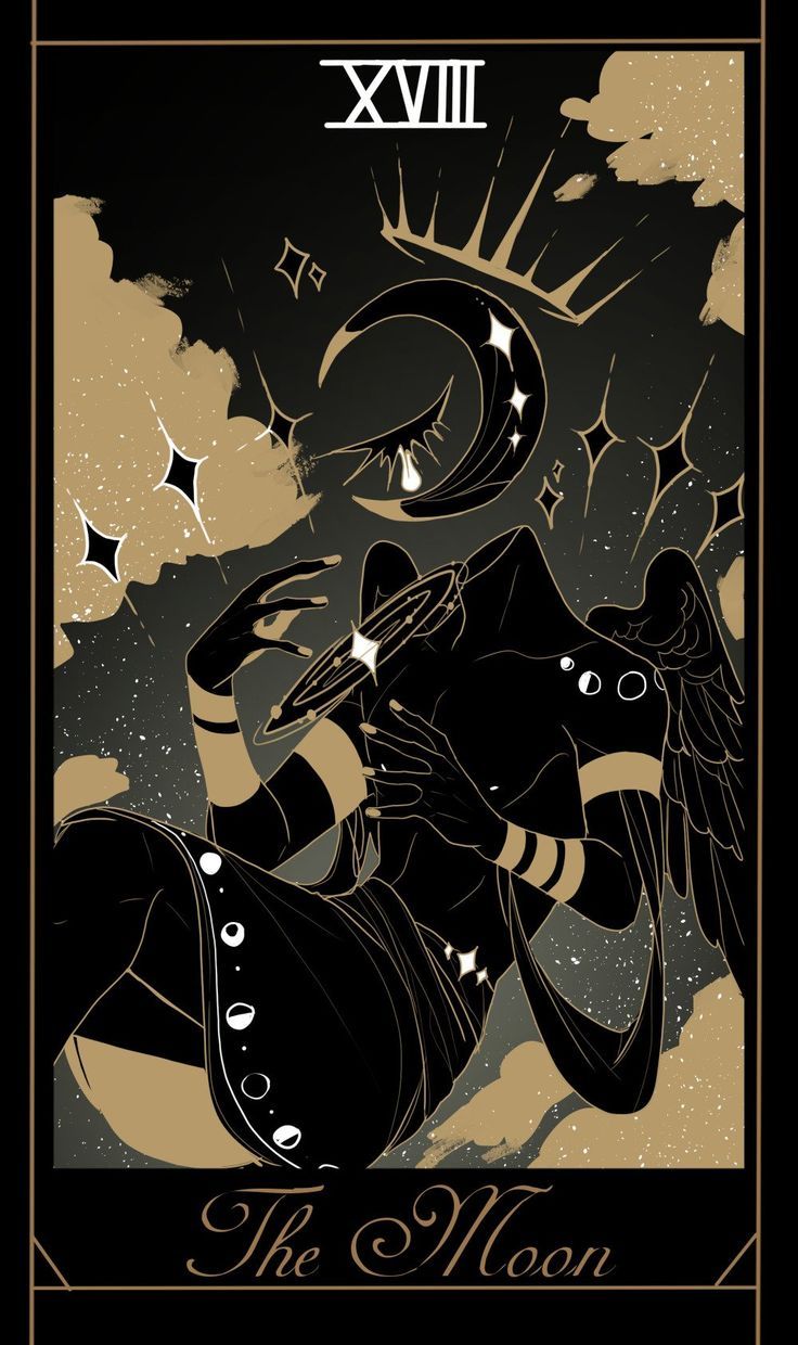 the moon tarot card is shown in gold and black