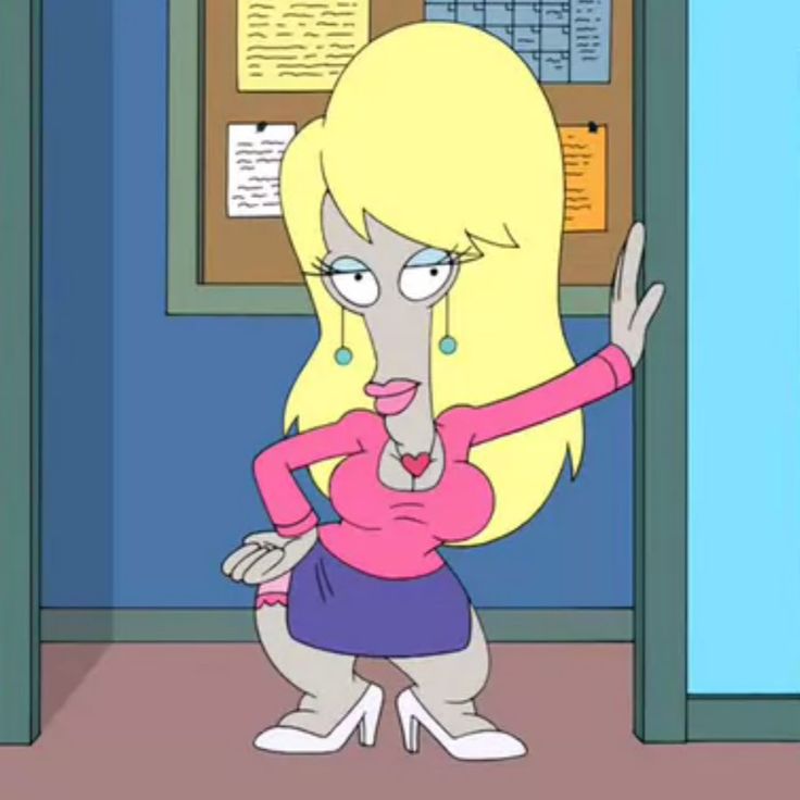 a cartoon character is standing in front of a door with her mouth open and tongue out