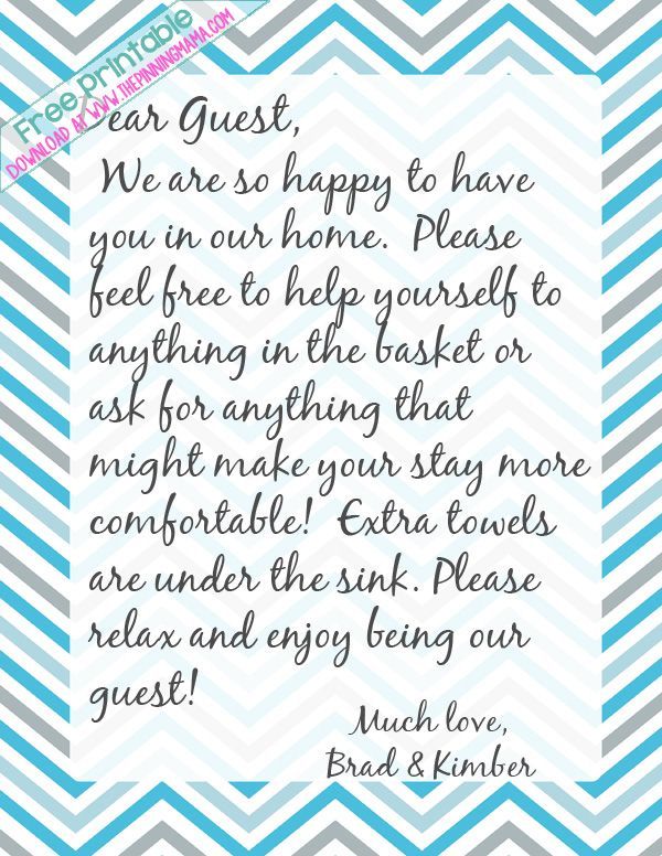 a blue and gray chevroned background with the words dear guest, we are happy to have you on our home please