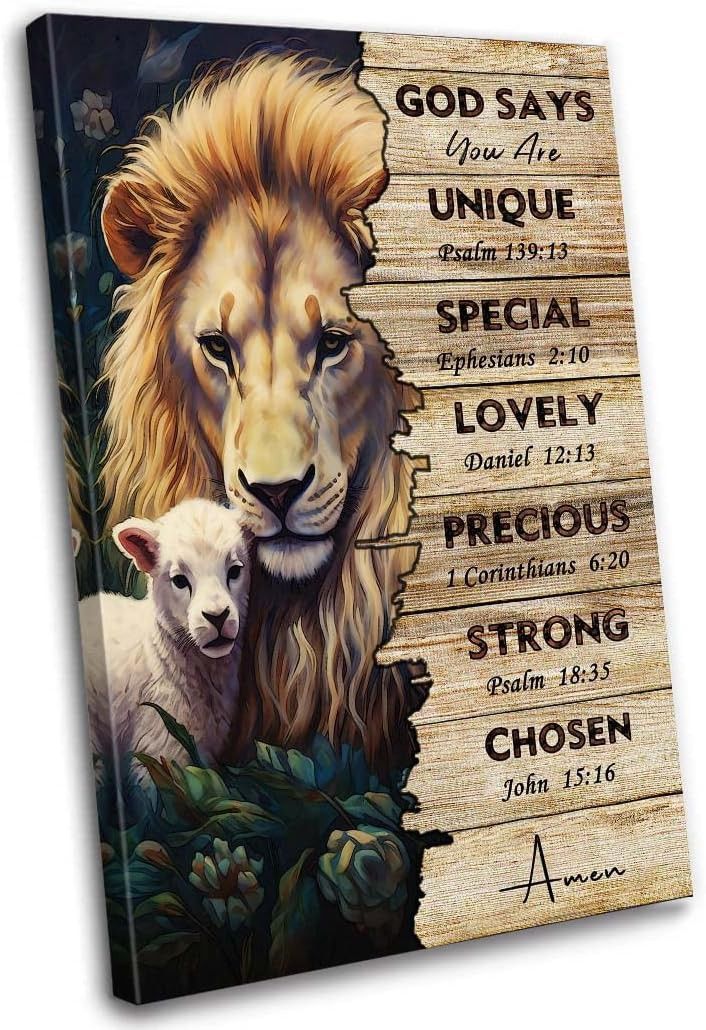 a painting of a lion and lamb with the words god says you are unique special lovely precious precious