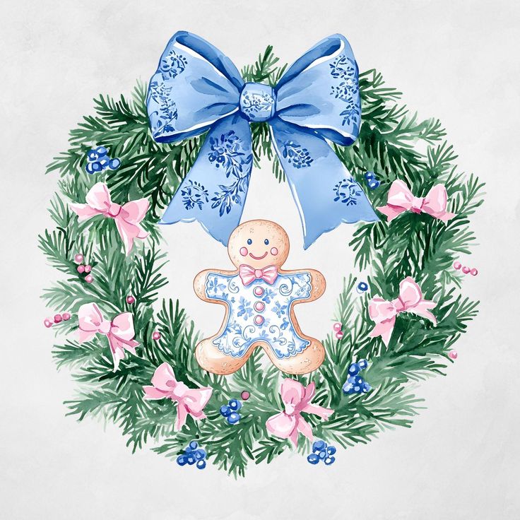 a christmas wreath with a teddy bear and blue bow