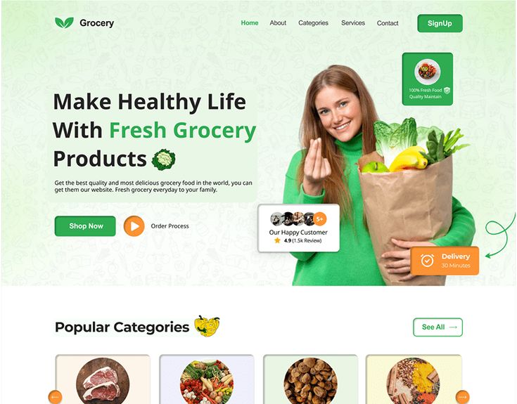 a woman holding a paper bag full of food on top of a webpage design