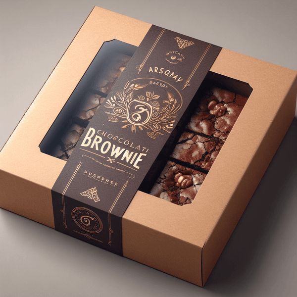 an open box of chocolate brownies on a gray surface with the lid opened to reveal it's wrapper