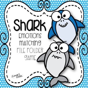 shark emotions matching file folder game with two cartoon sharks on blue and white polka dot background