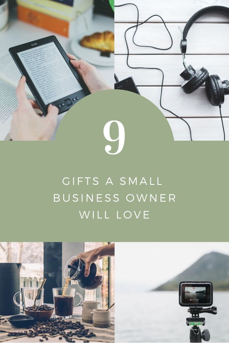 the words 9 gifts as small business owner will love on top of photos with headphones