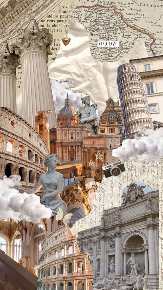 collage of images with buildings and clouds in the sky, including an image of a statue