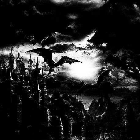 a black and white photo of a bird flying over a castle with bats in the sky