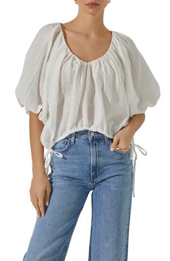 Breeze through sunny days in this airy, crinkled top fashioned with billowy puff sleeves and side drawstring ties at the hem. 19 1/2" front length; 22" back length (size Medium) V-neck Elbow-length sleeves Drawstring hem 47% lyocell, 35% viscose, 18% nylon Dry clean Imported Summer Peasant Top With Balloon Sleeves And Relaxed Fit, Casual White Peasant Top With Balloon Sleeves, Summer Balloon Sleeve Peasant Top For Daywear, White Summer Peasant Top With Gathered Sleeves, White Peasant Top With Gathered Sleeves For Summer, Summer Peasant Top With Gathered Sleeves For Daywear, Summer Linen Tops With Blouson Sleeves, Summer Peasant Top With Balloon Sleeves For Day Out, Billowy Summer Peasant Top With Gathered Sleeves