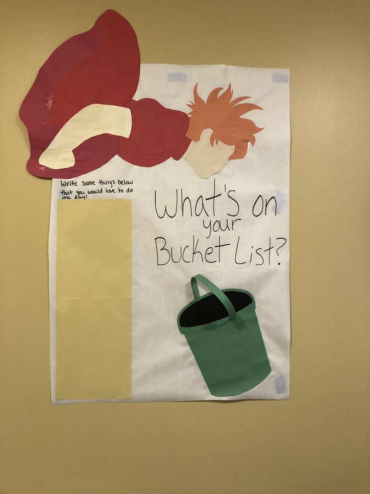 a bulletin board with an image of a bucket