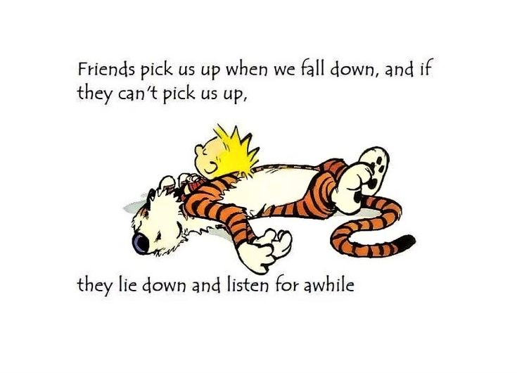 a cartoon character laying on top of a tiger with a quote above it that reads friends pick up when we fall down, and if they can't pick us up