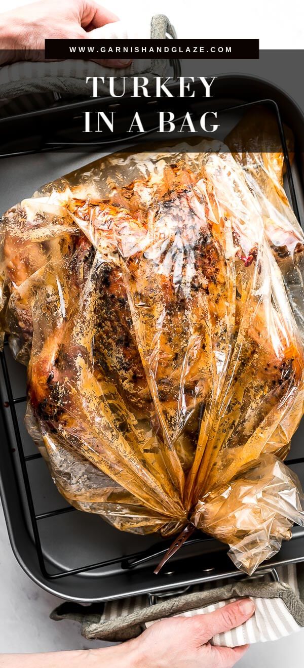 turkey in a bag on a roasting pan with the words turkey in a bag