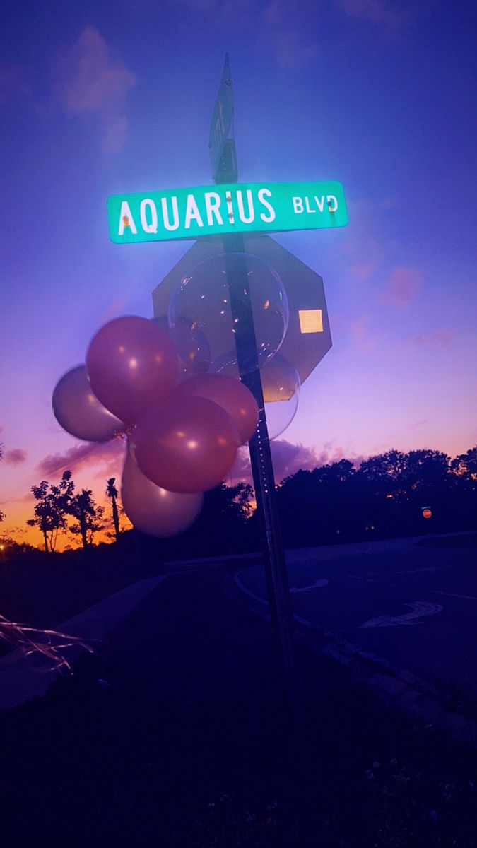 a street sign that reads aquarius blvd with balloons in the foreground