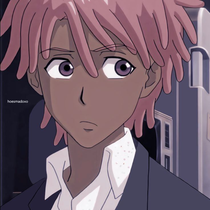 an anime character with pink hair staring at the camera