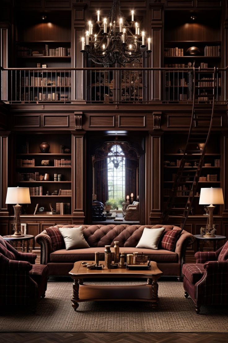 Reading Room| Reading Room Decor | Reading Room Ideas Library Room Aesthetic Vintage, Home Library Aesthetic Luxe, Contemporary Library Room, Library High Ceiling, Best Home Libraries, Mansion Library Aesthetic, Art Deco Home Library, Old Home Office, Old House Library