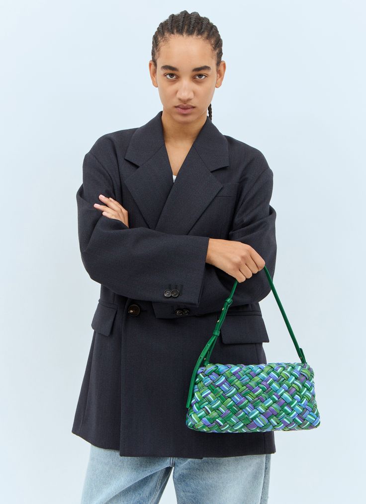 Kalimero Cha-Cha shoulder bag in foulard Intreccio weave in embossed and printed leather. Adjustable shoulder strap Top zip fastening Intreccio weave One main compartment Made in Italy 100% Leather Color: Green Code: 795646 V4BC1 8643 SKU: bov0257058blu Our Products Are 100% Genuine. In All Cases We Stand By The Authenticity Of Every Product Sold On Our Site. Designer Woven Leather Satchel Shoulder Bag, Green Shoulder Bag With Removable Pouch For Work, Green Shoulder Bag For Work, Rectangular Woven Leather Shoulder Bag For Work, Office Shoulder Bag With Intrecciato Weave And Double Handle, Office Shoulder Bag With Double Handle And Intrecciato Weave, Chic Green Shoulder Bag With Braided Handles, Workwear Woven Leather Shoulder Bag, Designer Woven Leather Shoulder Bag For Daily Use