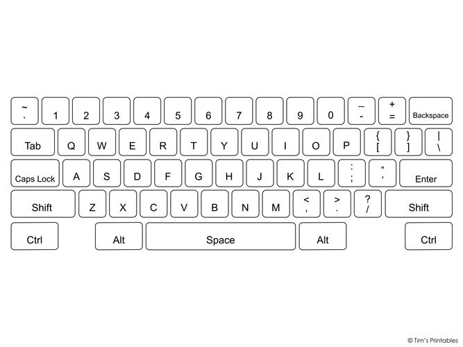 a computer keyboard is shown in black and white, with the letters on each side