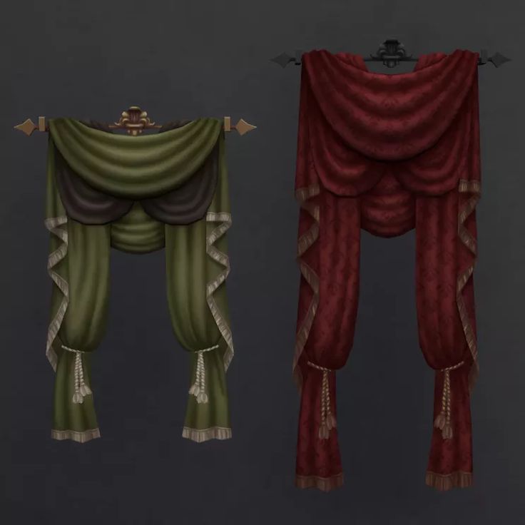 two different types of curtains hanging on the side of a wall, one red and one green