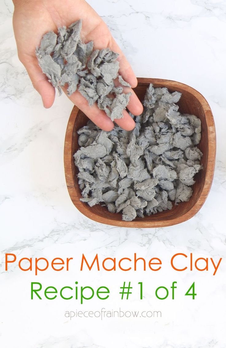 a person is scooping out charcoal into a wooden bowl with text overlay that reads paper mache clay recipe 1 of 4