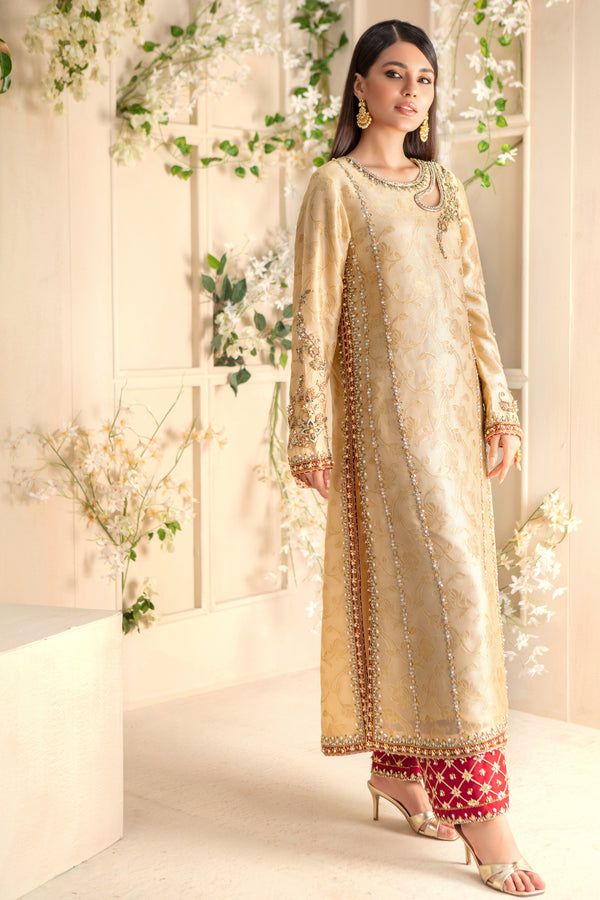 Zargul | Pakistani Designer Outfit | Sarosh Salman Traditional Jamawar Wear With Dabka Work For Reception, Raw Silk Unstitched Suit With Dabka For Reception, Elegant Gold Chanderi Sherwani, Gold Dabka Dress For Reception, Gold Dabka Reception Dress, Elegant Sherwani In Raw Silk With Straight Kurta, Eid Raw Silk Kurta With Dabka Work, Elegant Semi-stitched Sherwani In Straight Kurta Style, Elegant Raw Silk Kurta With Dabka Details