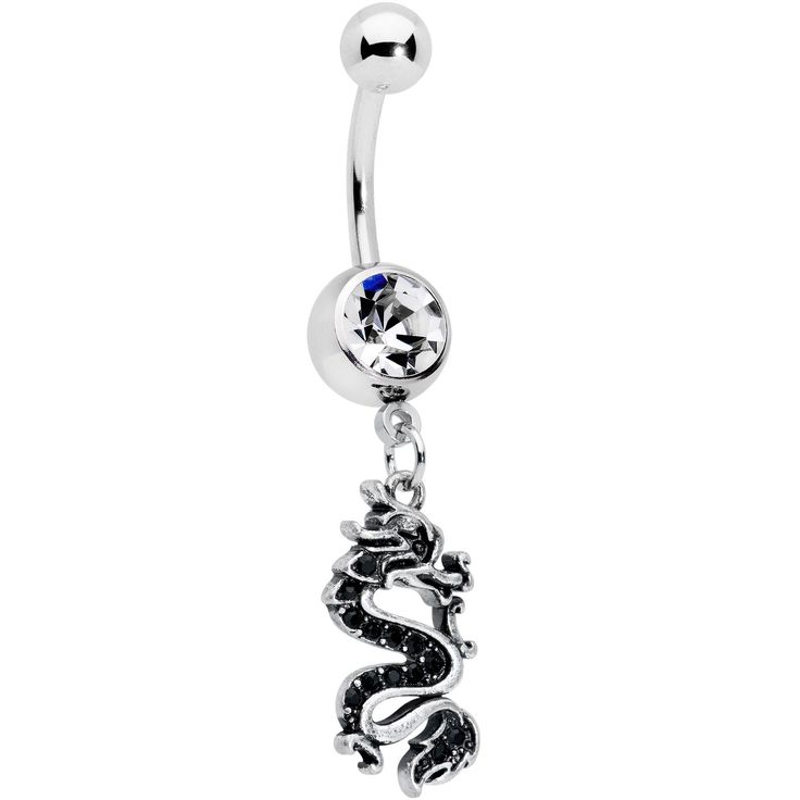 Clear Gem Regal Medieval Dragon Dangle Belly Ring Get ready to roar when you're rocking this 14 gauge navel jewelry! It's made with a 3/8" durable 316L surgical grade stainless steel curved barbell with a 5mm top ball end. The bottom ball end is 8mm and set with a large clear gem. Dangling beneath is a medieval dragon charm, with fine detailing. It's heavily burnished to make those details pop and features textured embellishment for a look that can't help but get noticed. If you're dreaming of c Silver Dangle Belly Rings In Stainless Steel, Nickel-free Round Stainless Steel Belly Rings, Adjustable Nickel-free Stainless Steel Belly Rings, Adjustable Metal Belly Rings Internally Threaded, Adjustable Internally Threaded Metal Belly Rings, Adjustable Dangle Belly Rings, Adjustable Silver Surgical Steel Belly Rings, Hypoallergenic Stainless Steel Belly Rings In Silver, Hypoallergenic Stainless Steel Silver Belly Rings