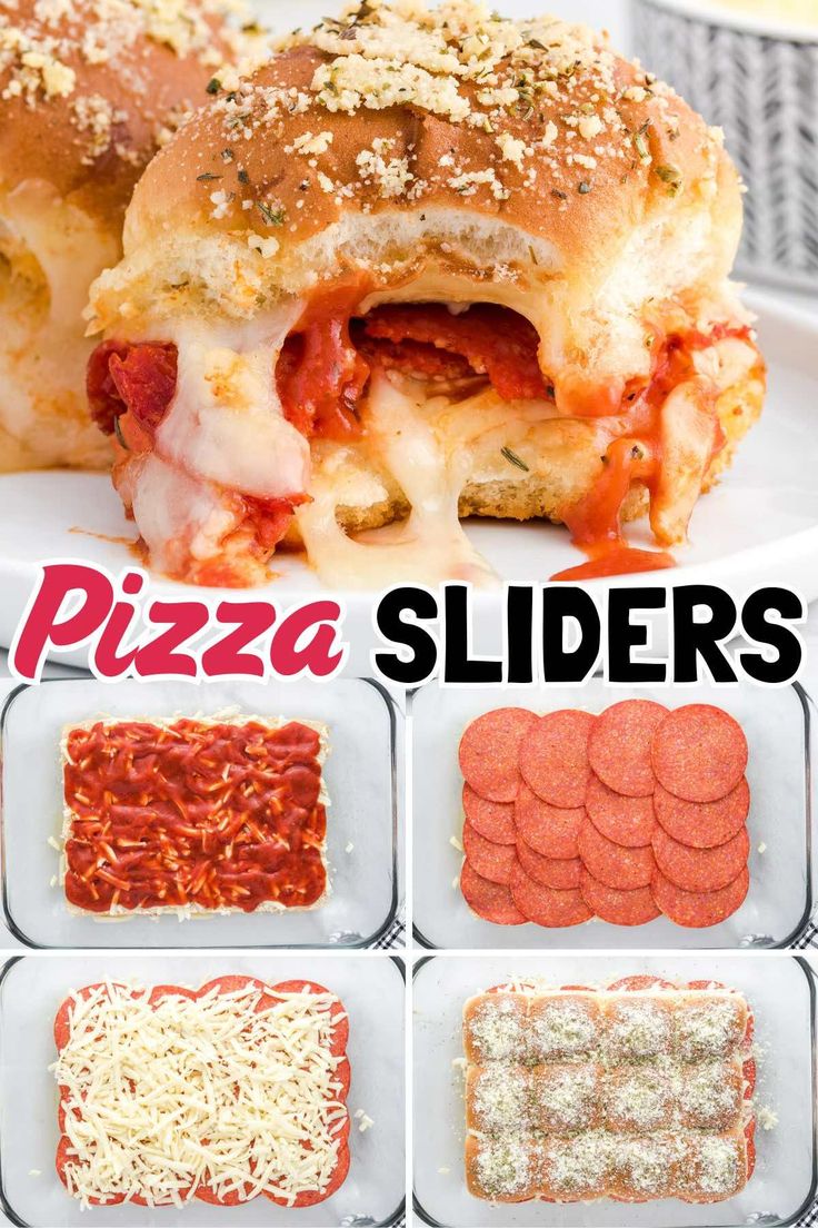 pizza sliders with cheese, tomato sauce and other toppings on the side are shown