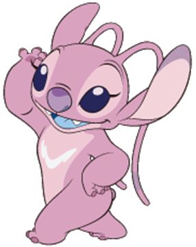 a pink cartoon character with blue eyes and big ears, standing in front of a white background