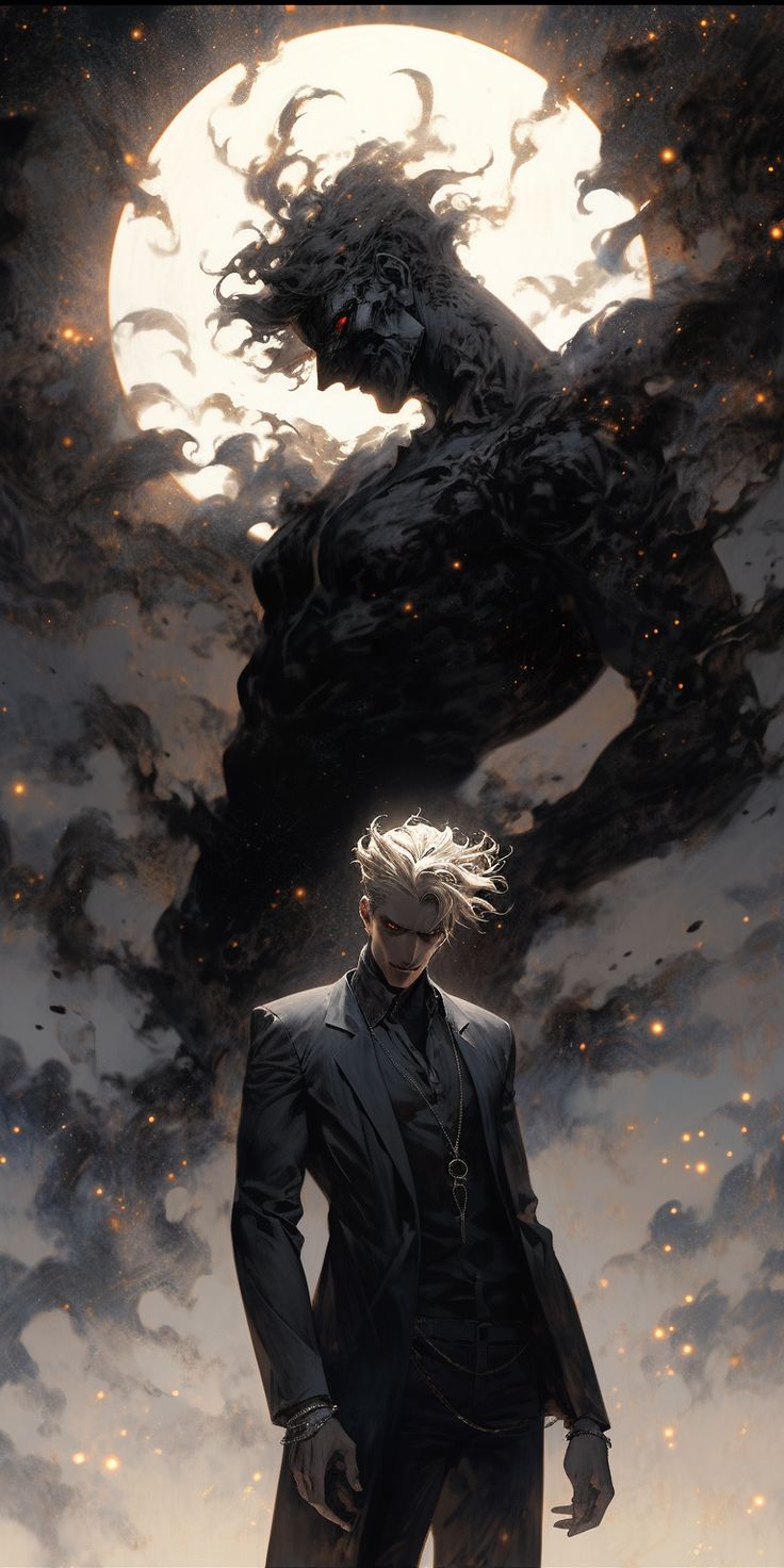 a man standing in front of a giant black creature with his hands on his hips