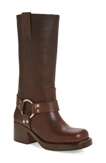 Durable leather and  O-ring details heighten the Western vibe of this tall boot styled with a stacked block heel for added stability. 2 1/2" heel (size 8.5) 12" shaft; 15 1/2" calf circumference Side zip closure Leather upper and lining/rubber sole Imported Western Leather Knee-high Boots With Stacked Heel, Western Leather Knee-high Boots With Block Heel, Rugged Faux Leather Boots For Fall, Casual Leather Mid-calf Boots With Block Heel, Fall Moto Boots With Stacked Block Heel, Fall Leather Mid-calf Platform Boots, Rugged Wide Calf Moto Boots For Fall, Western Leather Platform Boots With Wide Calf, Western Leather Mid-calf Boots With Block Heel