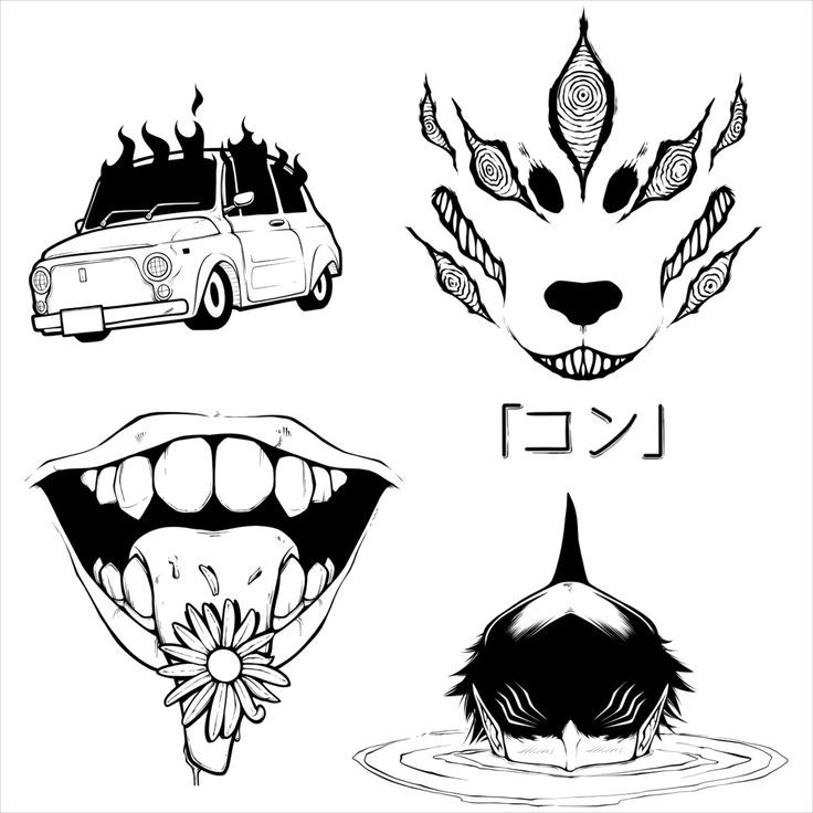 four different types of car logos with faces and teeth in black and white, on a gray background