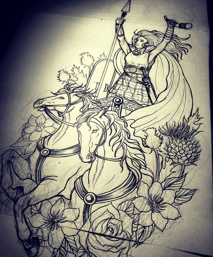 a drawing of a woman riding on the back of a horse with flowers around her