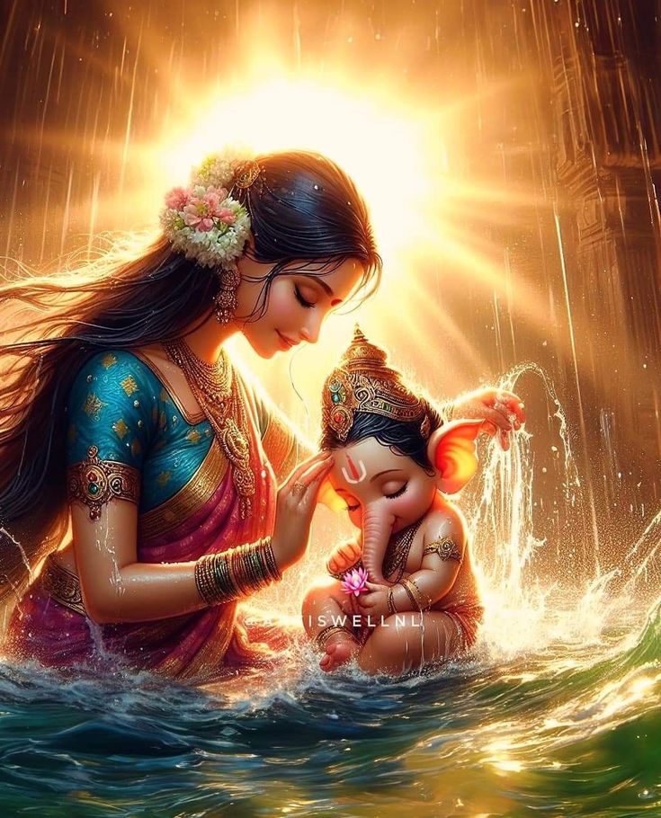 a painting of a mother and child in the water with sunlight shining down on them