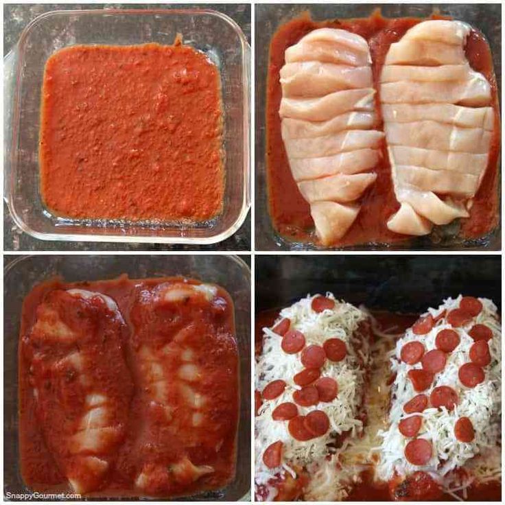 four pictures showing different types of food in pans and one with meat on it