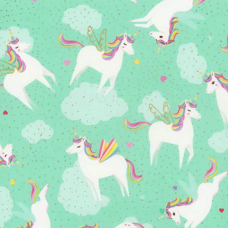 an image of unicorns flying in the sky with stars and clouds behind them on a green background