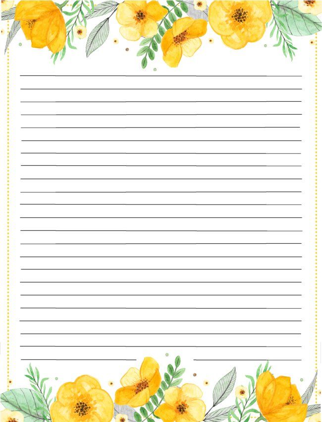 a yellow flower lined paper with green leaves and flowers on the border, in front of a