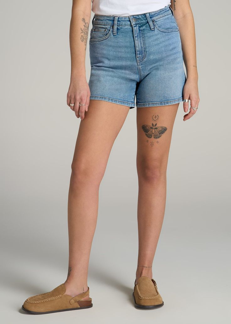 High Rise Denim Shorts for the Tall Fashionista Your Newest Summer Essential Get ready to make a statement this summer with our High Rise Denim Shorts, our latest women's shorts in tall sizes. These shorts offer a flattering high-waist design and a thigh-length cut that perfectly balances comfort and style. With a versatile look that can be dressed up or down, these tall women's shorts are a must-have for your warm-weather wardrobe.• High-waisted design for a flattering silhouette• Thigh-length Light Wash Mid-rise Bottoms With Built-in Shorts, Denim Blue Bottoms With Built-in Shorts, Medium Wash Short Leg Denim Bottoms, Light Wash Mid-rise Cotton Shorts, Mid-rise Medium Wash Cotton Shorts, Relaxed Fit Medium Wash Bottoms With Built-in Shorts, Medium Wash Denim Shorts, Mid-rise Light Wash Jean Shorts, Medium Wash Mid-rise Relaxed Fit Shorts