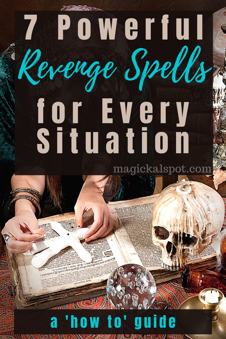 an open book with the title 7 powerful reverse spells for every situation, including skulls and candles