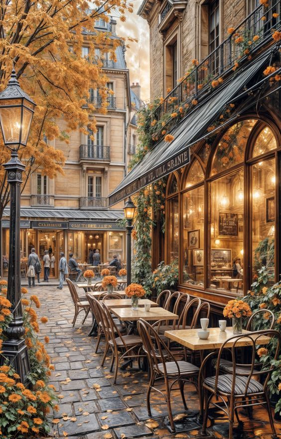 a painting of an outdoor cafe with flowers on the tables and people walking down the street