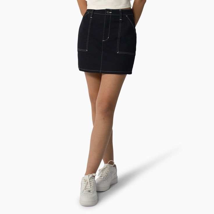 With its oversized utility pockets and carpenter details, this carpenter skirt is styled for authenticity. The high-waisted skirt is perfect for wearing with crop tops and tucked-in tees for a casual look. It’s made from our Flex fabric to ensure all-day comfort. High-waist Black Cargo Skirt For Work, High Waist Black Mini Skirt With Pockets, Dickies Skirt, Edgy High-waist Cotton Mini Skirt, Knee-length Stretch Mini Skirt With Pockets, Dickies Women, Utility Pockets, Contrast Stitch, Casual Looks