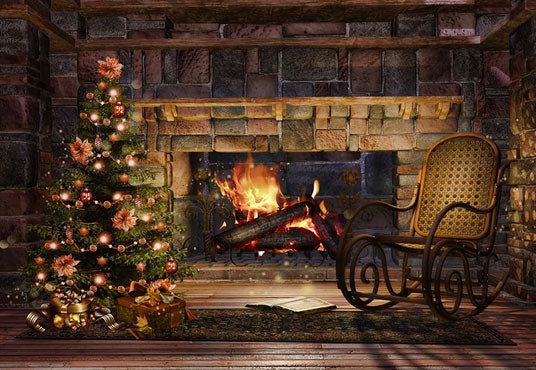 a decorated christmas tree in front of a fireplace